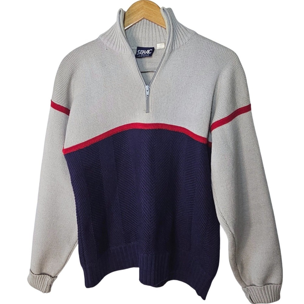 SERAC 1/4 Zip Wool Sweater Mens Sz M Hong Kong Cream Navy Red Classic Colorblock